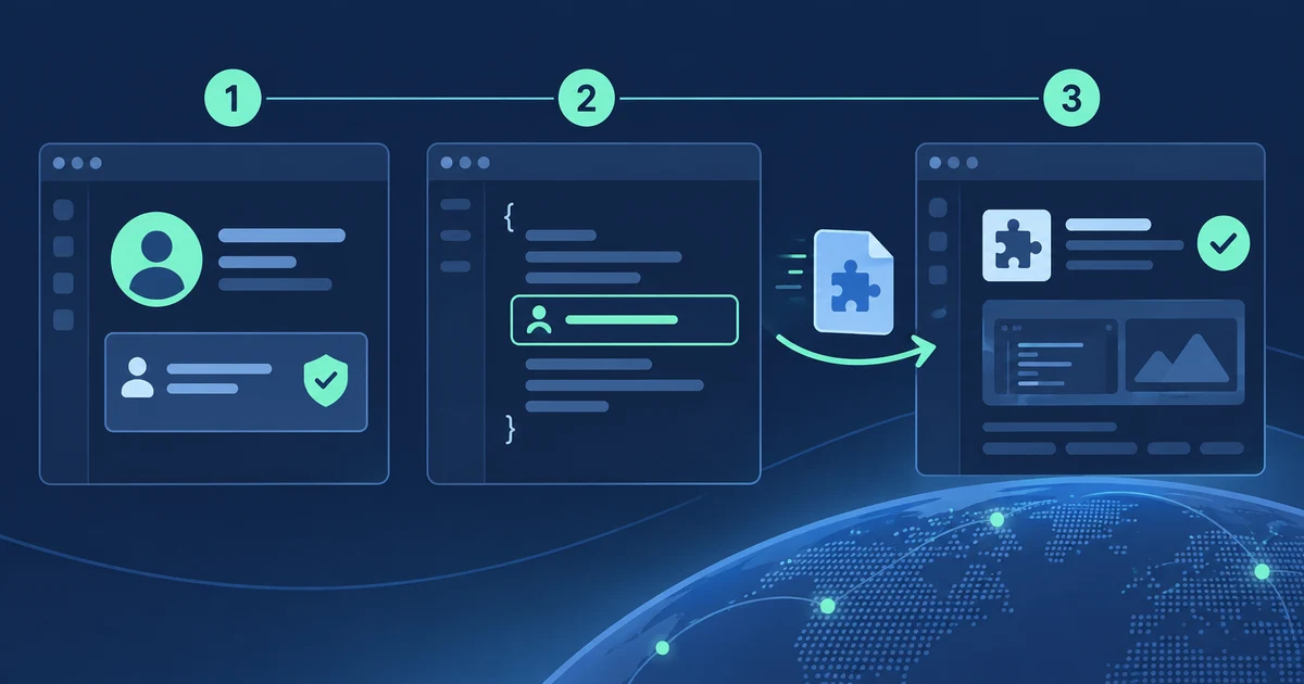 Three publishing stages show an account, matching namespace, and VSIX arriving at a public extension listing.