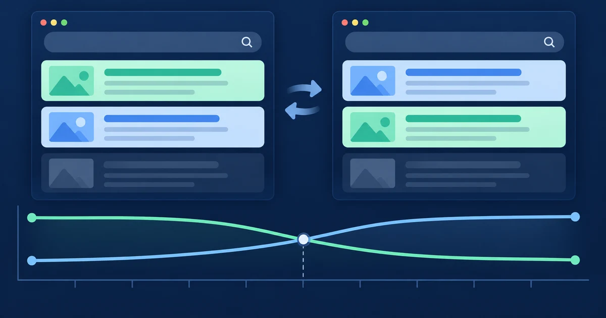Two extension listings swap order between searches as their rank-history lines cross.